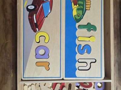 Wooden Alphabet Letter Puzzle Box with Car and Fish Theme - Educational Toy