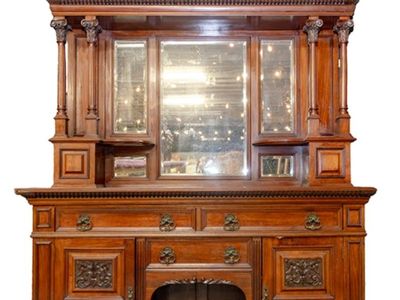 Antique British Walnut & Cherry Saloon Mirrored Buffet/Bar Sideboard Hutch