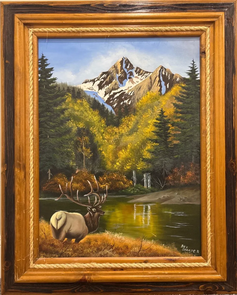 Original Oil/Acrylic Painting – Elk in Mountain Landscape – Signed Bev Stamper