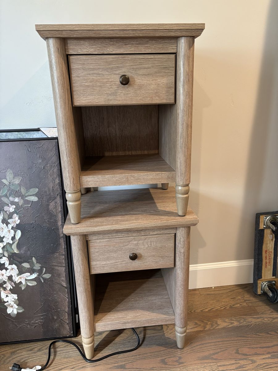 Pair of Rustic Wood  Nightstands / End Tables with Drawer and Shelf, and hard wired for easy plug ins   Weathered brown finish,