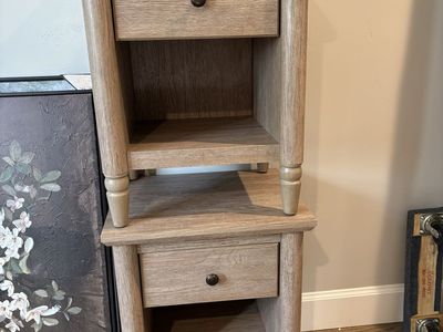 Pair of Rustic Wood Nightstands / End Tables with Drawer and Shelf, and hard wired for easy plug ins Weathered brown finish,