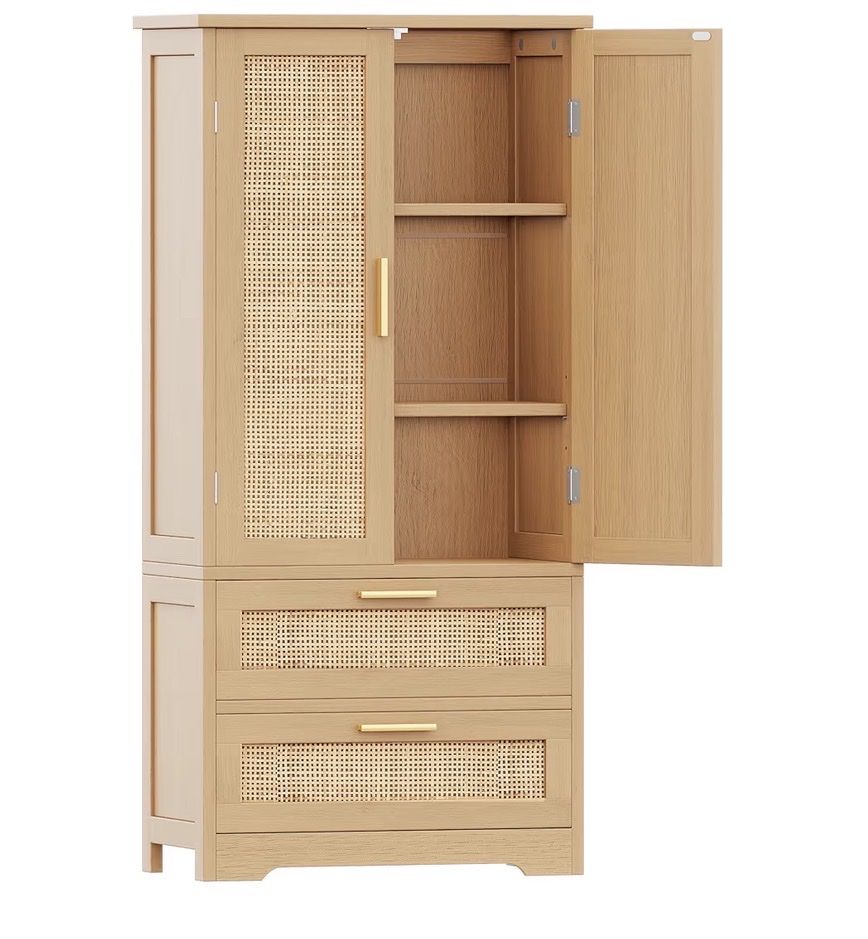 Wooden Bathrrom Storage Cabinet with Rattan Doors & Drawers - Adjustable Shelves & Gold Pulls