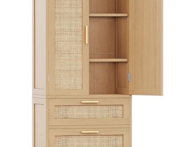 Wooden Bathrrom Storage Cabinet with Rattan Doors & Drawers - Adjustable Shelves & Gold Pulls