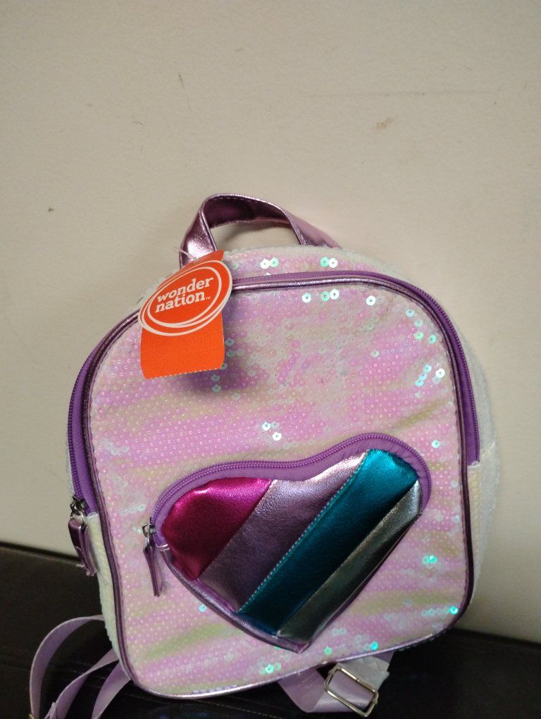 Pink Sequin Mini Backpack with Metallic Heart Pocket Used