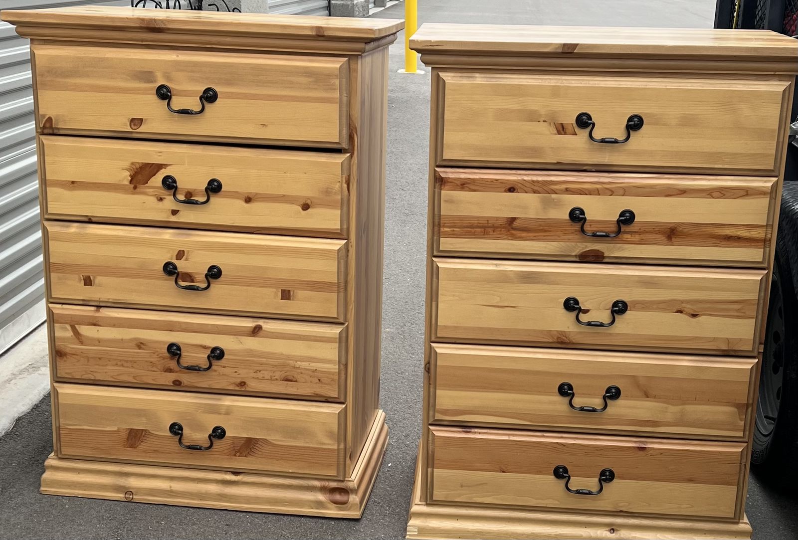 2 - Solid Pine Wood Five Drawer Dressers .