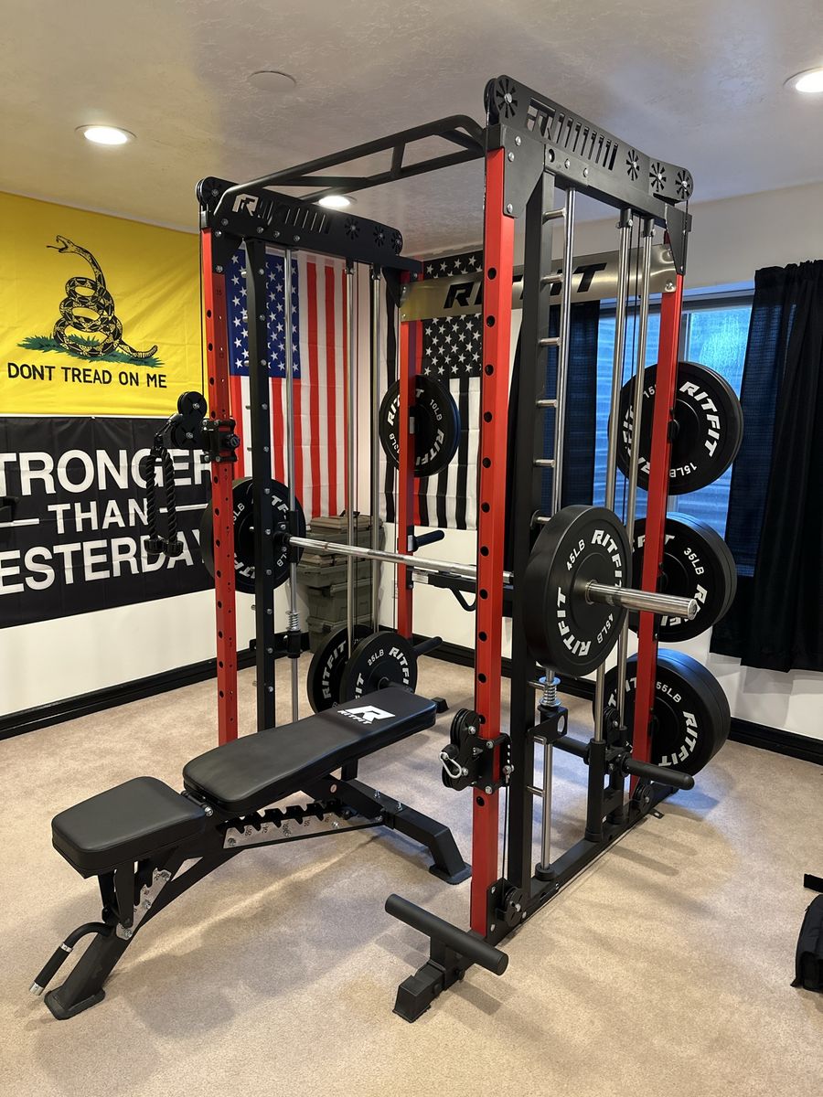 RitFit Smith Machine Power Cage with Adjustable Weight Bench and Cable Crossover System