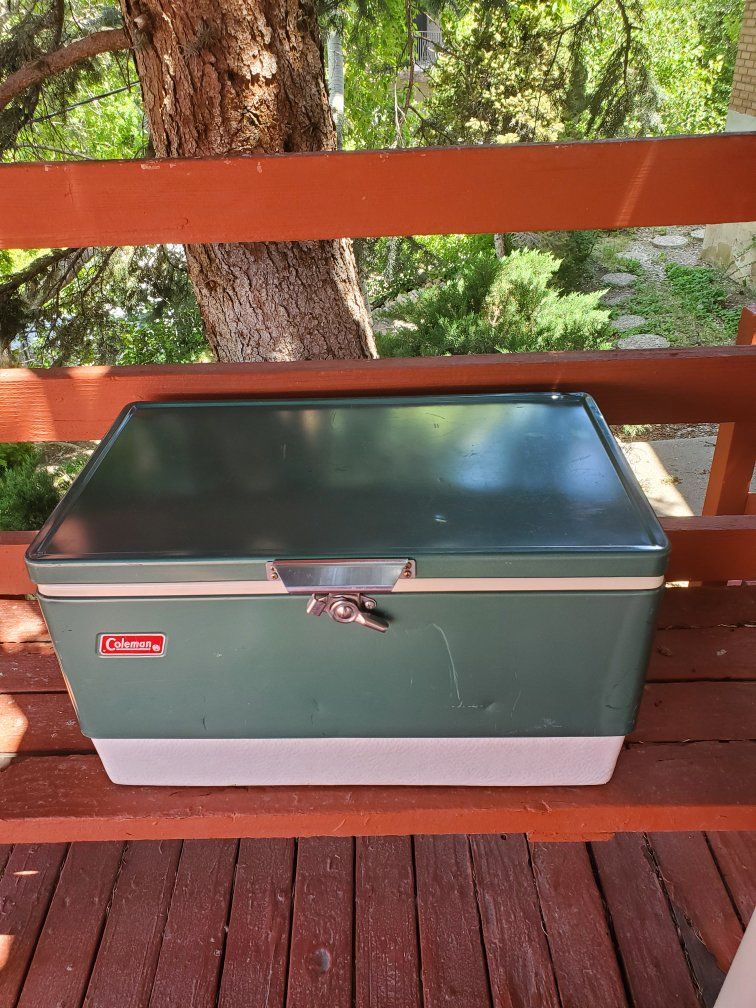 Vintage Coleman Cooler Green Metal Ice Chest with Bottle Opener
