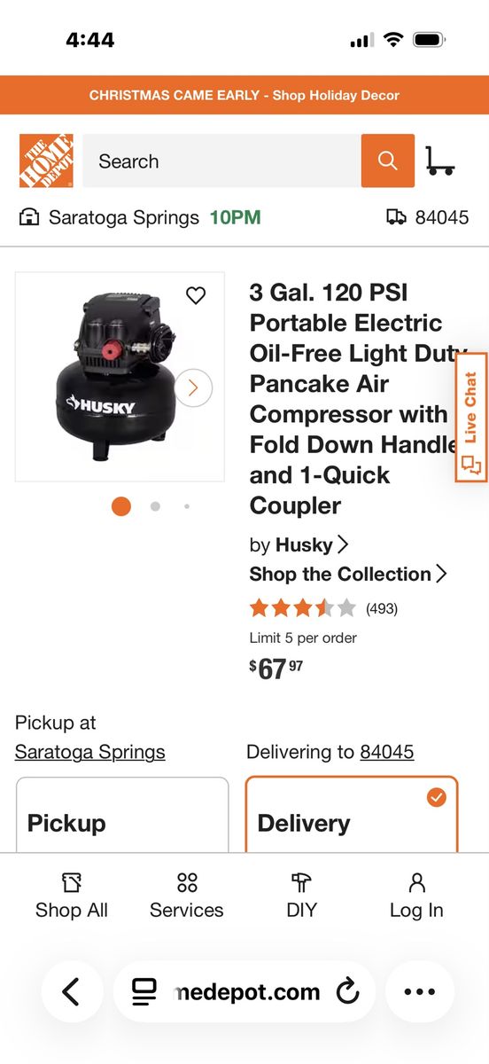 Husky 3 Gal. 120 PSI Portable Electric Oil-Free Pancake Air Compressor