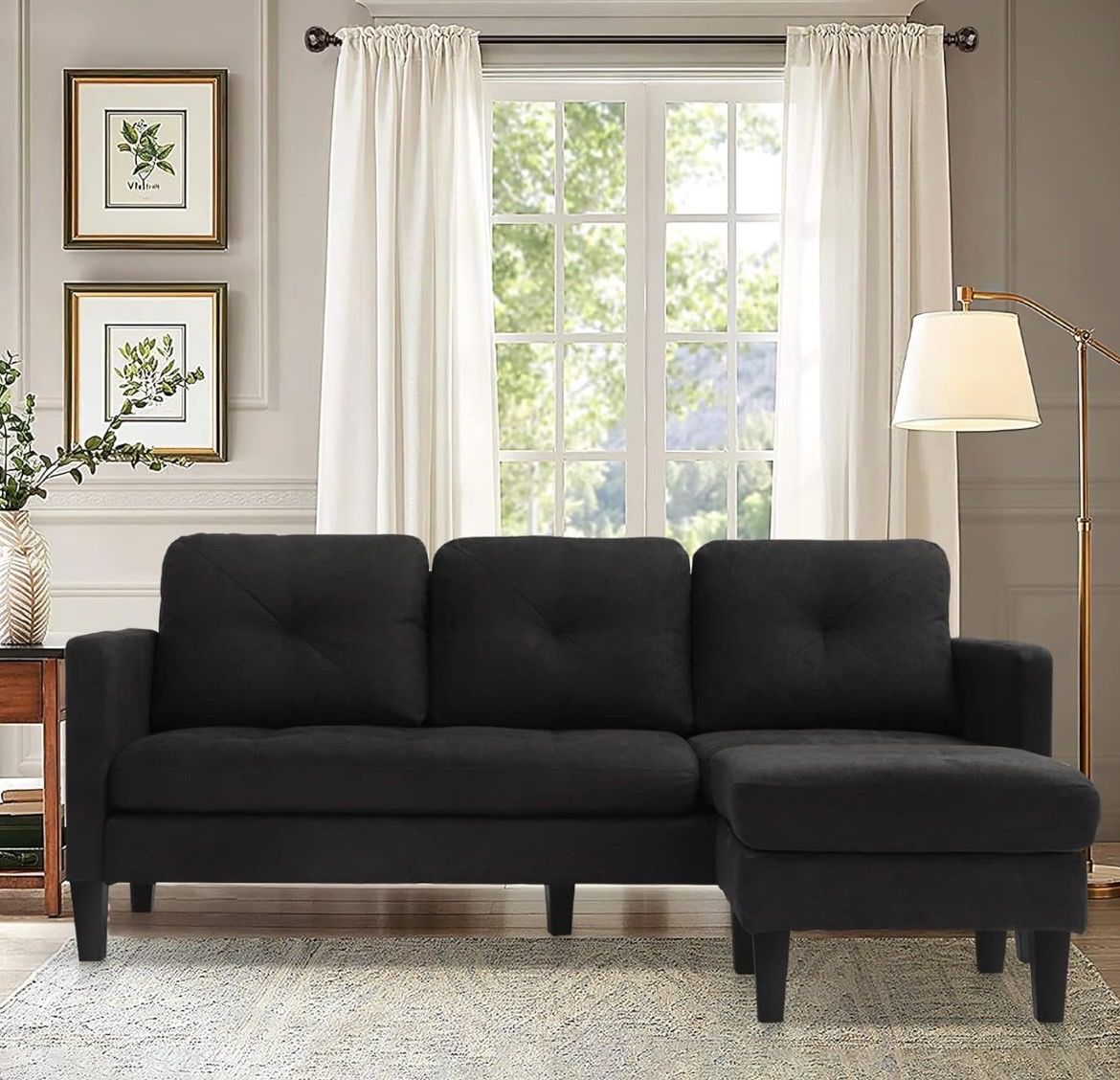 Modern Black Fabric L-Shaped Sectional Sofa Couch with Reversible Chaise Lounge