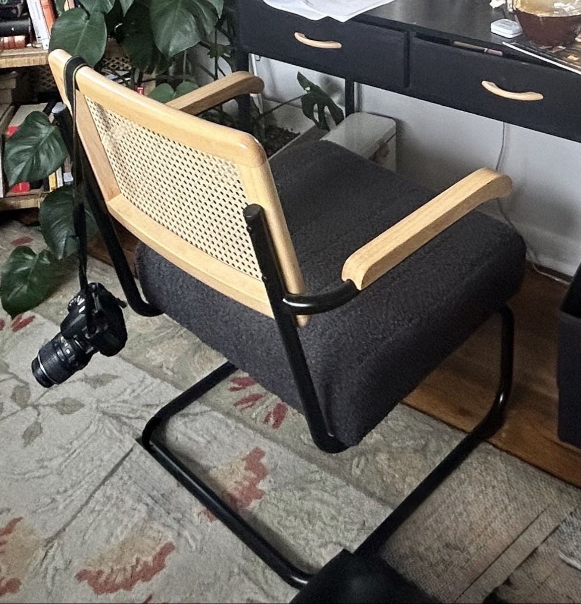 Modern Accent Chair with Rattan Backrest and Black Metal Frame