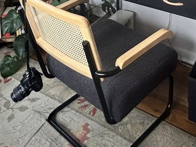 Modern Accent Chair with Rattan Backrest and Black Metal Frame