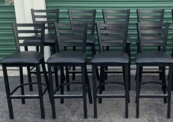 8 Black Metal Heavy Duty Barstools W/ Black Vinyl Seats