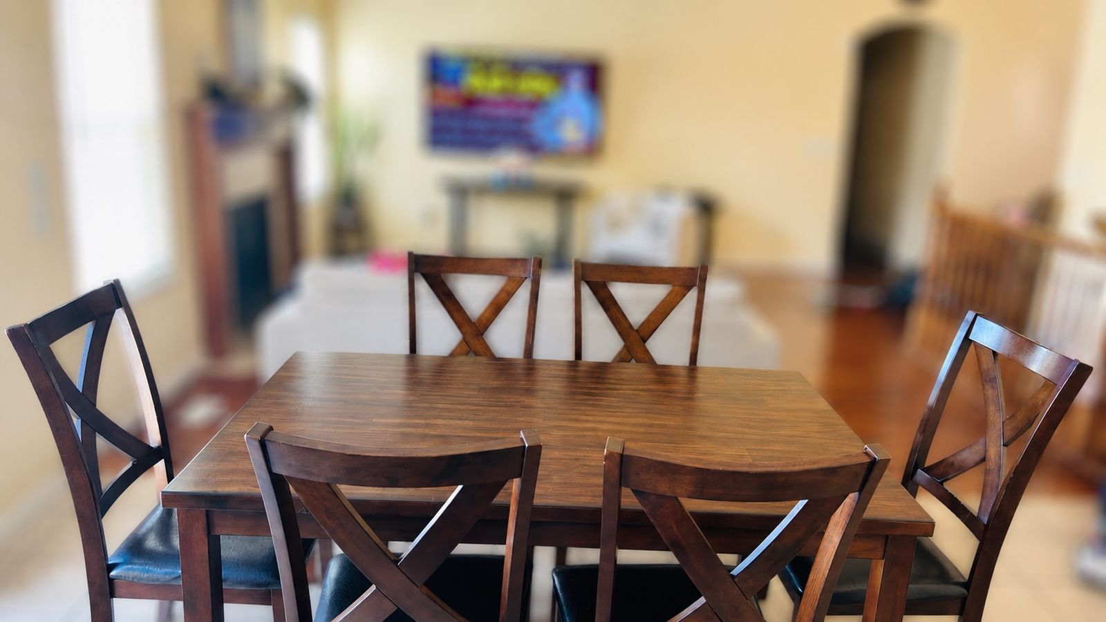 Wooden Dining Table with 6 Chairs - Dark Wood Finish, X-Back Design, Leatherette Seats