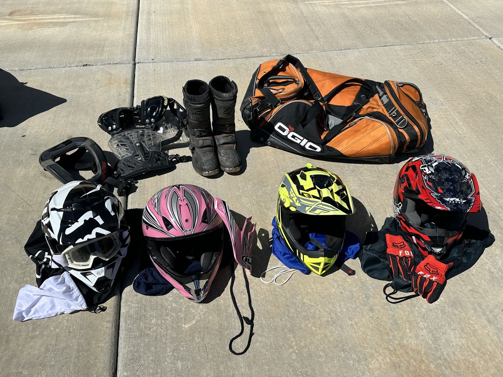 Motorcycle helmets, boots, safety gear, bag