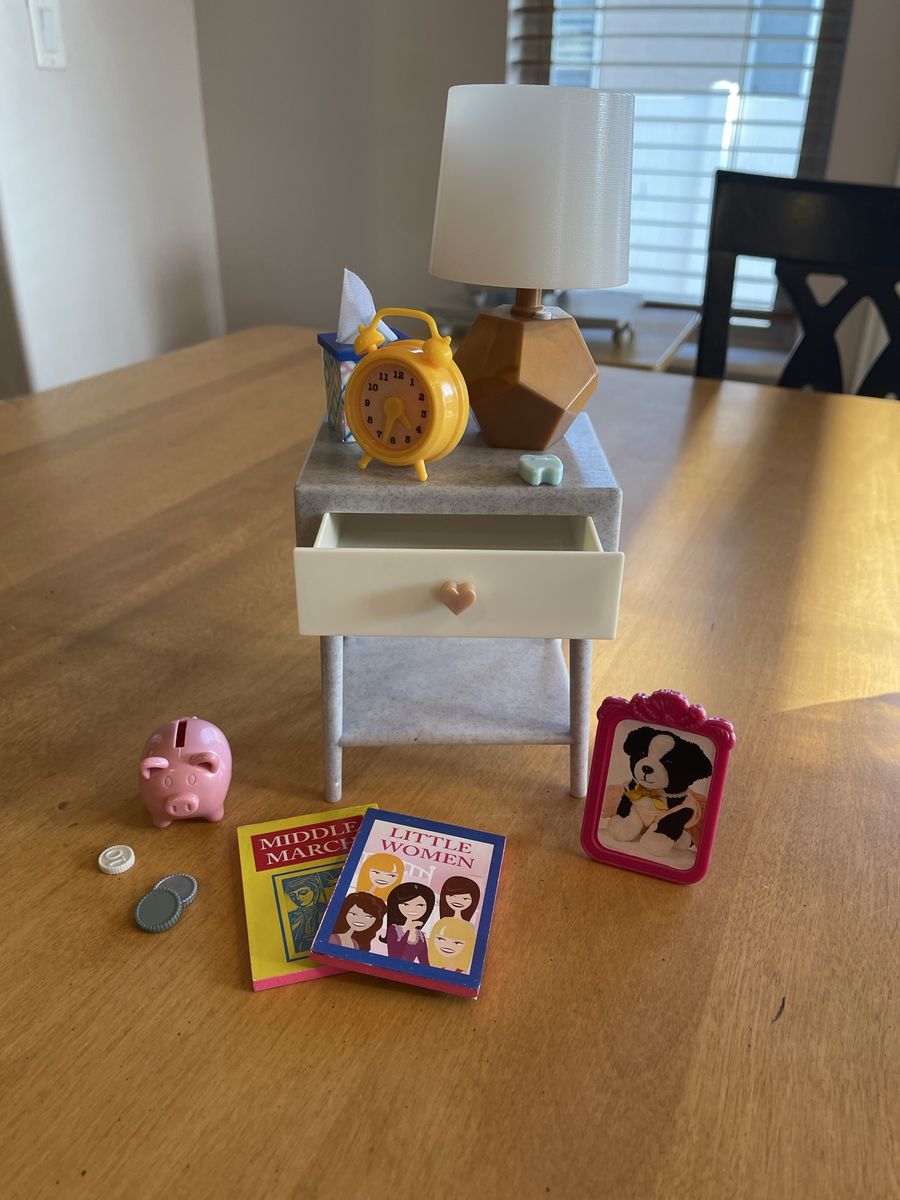 Our Generation Nightstand Set: Nightstand, Lamp, Clock, Books, Piggy Bank & Photo Frame