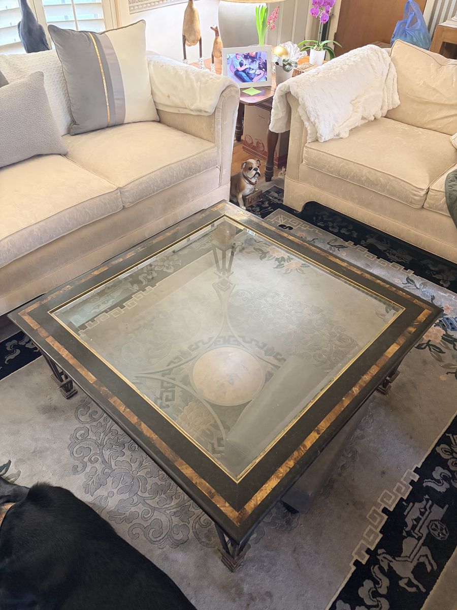 Square glass top marble and wrought iron coffee table