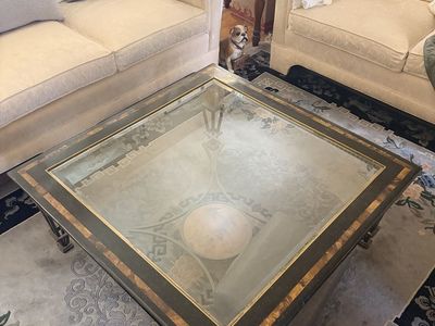 Square glass top marble and wrought iron coffee table