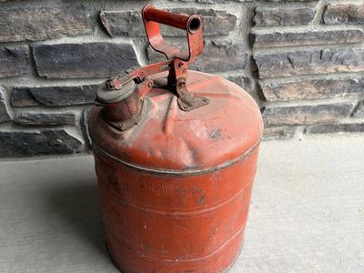 Vintage Red Metal Gas Can Fuel Container with Handle.