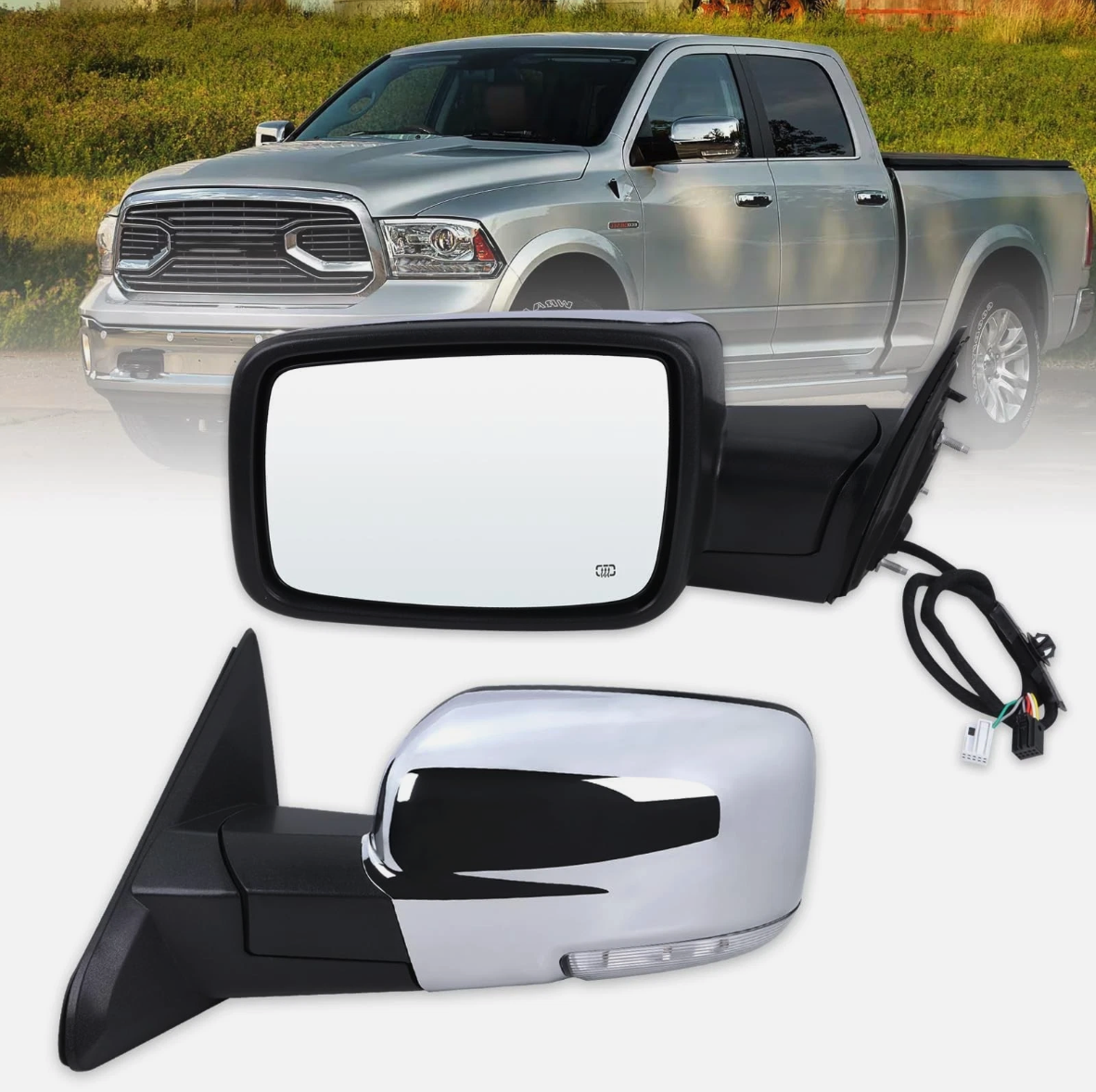 Driver Left Mirror Heated Power Fold Chrome for 13-18 Ram 1500 2500 3500 OEM