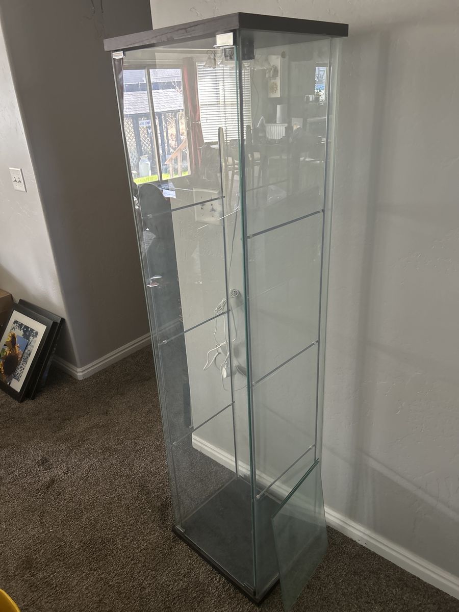 Glass Display Cabinet - Tall, Clear, Multi-Shelf with Top/Bottom Wood Trim + lighting