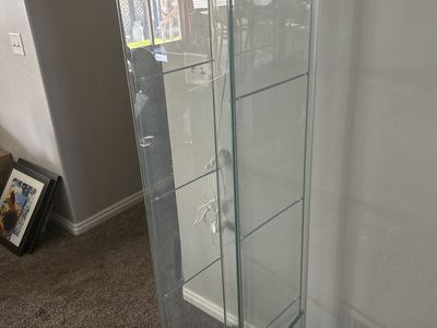 Glass Display Cabinet - Tall, Clear, Multi-Shelf with Top/Bottom Wood Trim + lighting