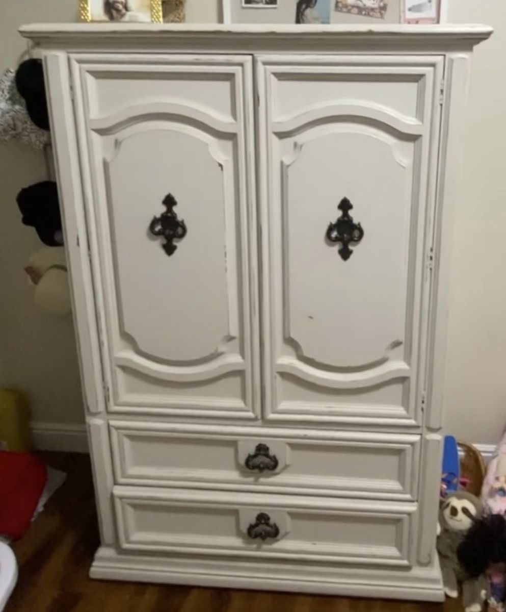 Shabby Chic White Armoire/Wardrobe - Storage Cabinet with Drawers and Ornate Hardware