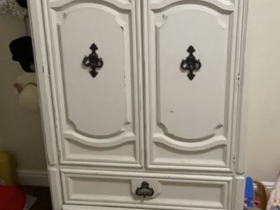 Shabby Chic White Armoire/Wardrobe - Storage Cabinet with Drawers and Ornate Hardware