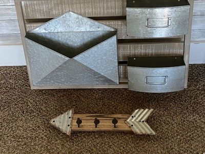 Farmhouse Galvanized Metal Wall Organizer & Arrow Key Holder Set - Rustic Wood Decor