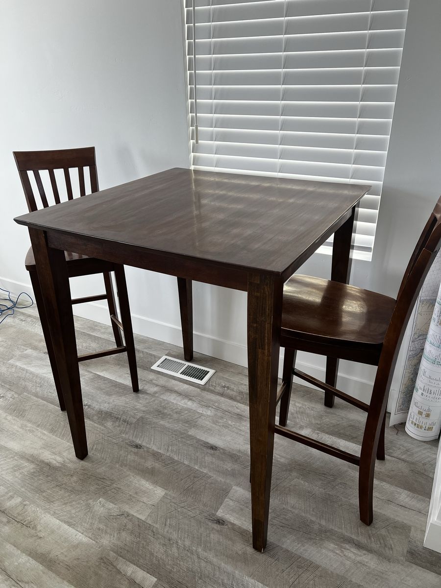 Dark Wood Bar Height Dining Table and 2 Stools - Compact Kitchen Set