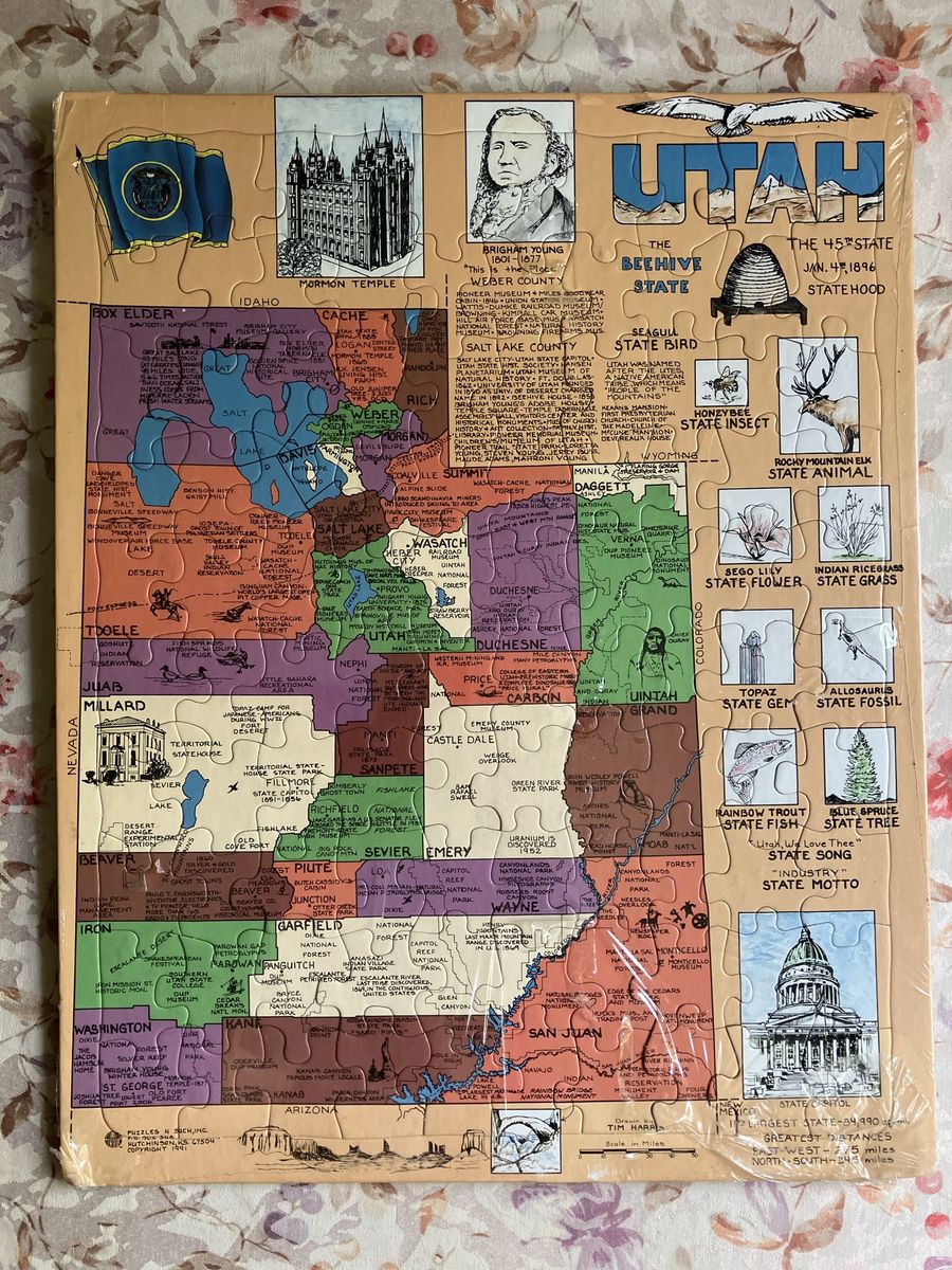 New Vintage Puzzles N Such Inc. Vintage Utah State Map Jigsaw Puzzle Tim Harris Art