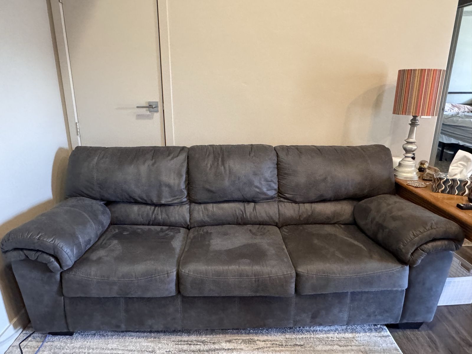 Comfortable Dark Gray Fabric Sofa Couch -AND ottoman - Used; Good Condition