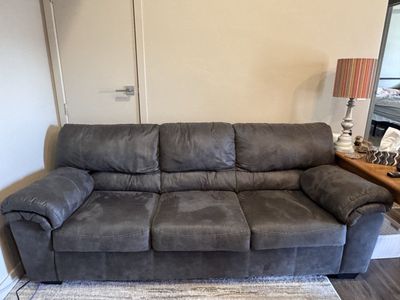Comfortable Dark Gray Fabric Sofa Couch -AND ottoman - Used; Good Condition
