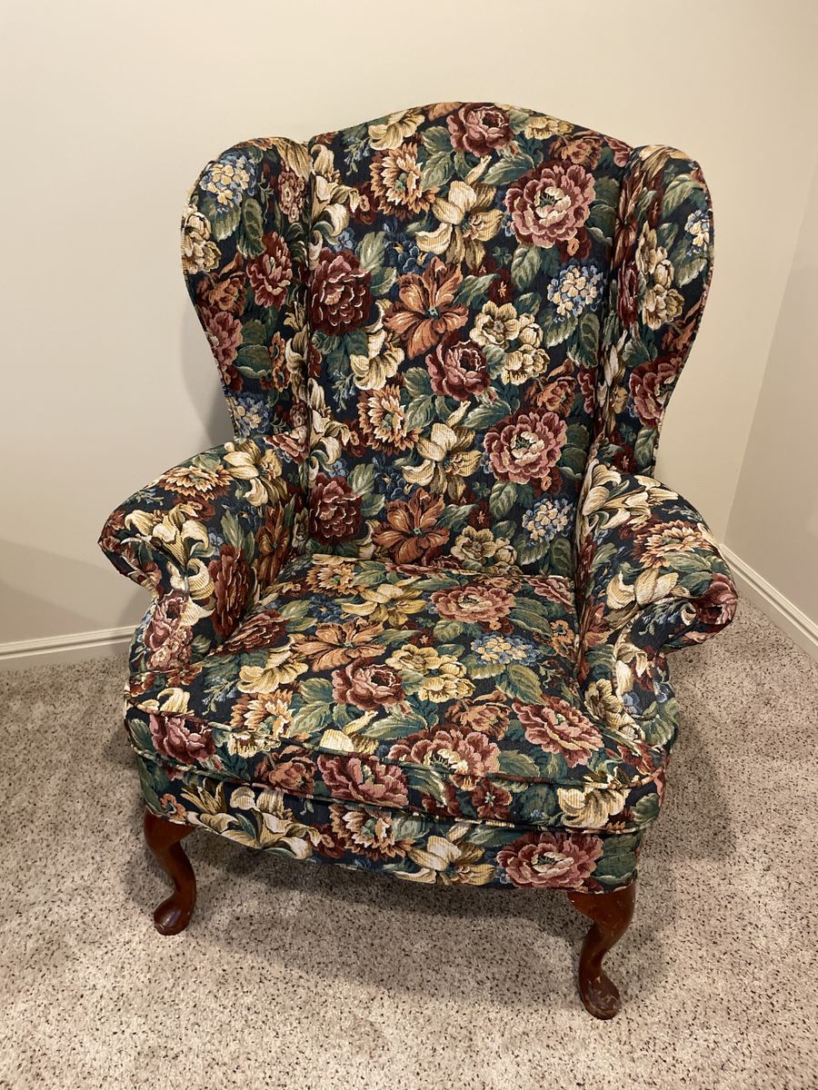 Vintage Floral Print Wingback Chair with Wooden Cabriole Legs