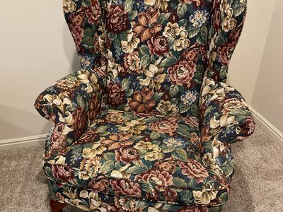 Vintage Floral Print Wingback Chair with Wooden Cabriole Legs
