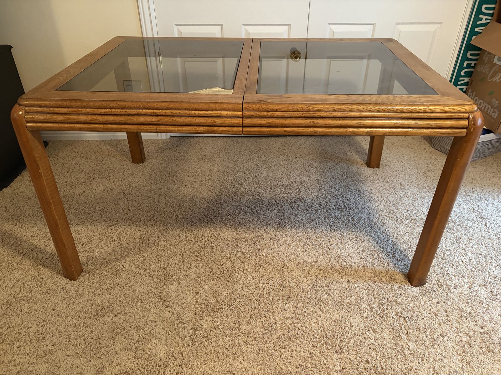 Vintage Wood & Glass Top Dining Table