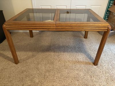 Vintage Wood & Glass Top Dining Table