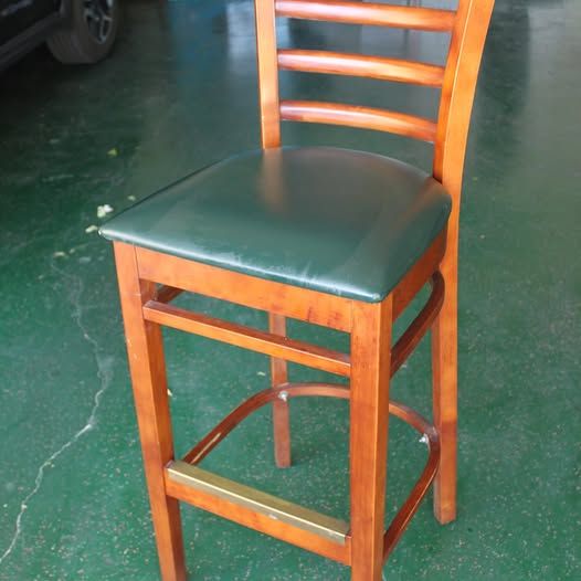 Barstool / Wood with Extended Edge -Green Vinyl Seat / Set of 6