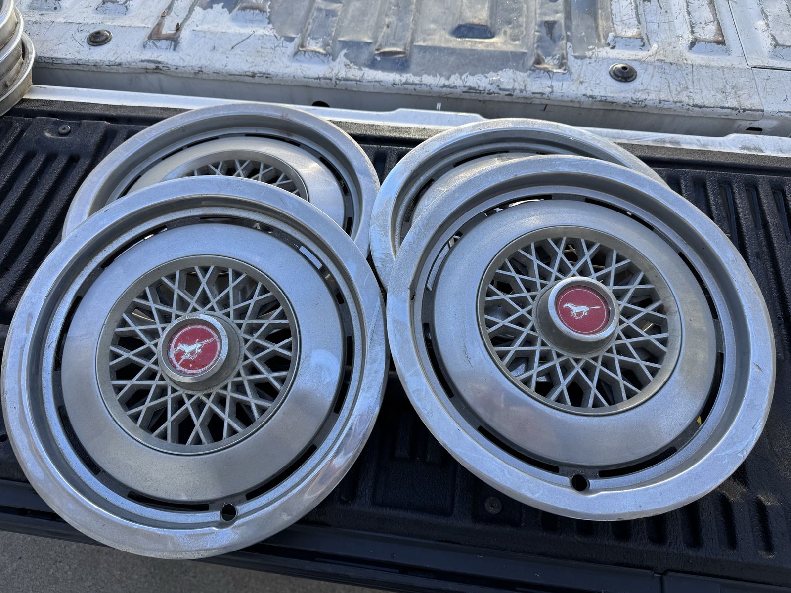 Vintage Ford Mustang Hubcaps (Set of 4) - Classic Silver Wheel Covers with Red Emblem