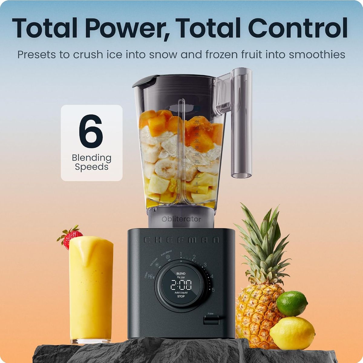 New Chefman Obliterator Countertop Blender for Smoothies, to Crush Ice, Nuts, and Frozen Fruit with Stainless Steel Blade