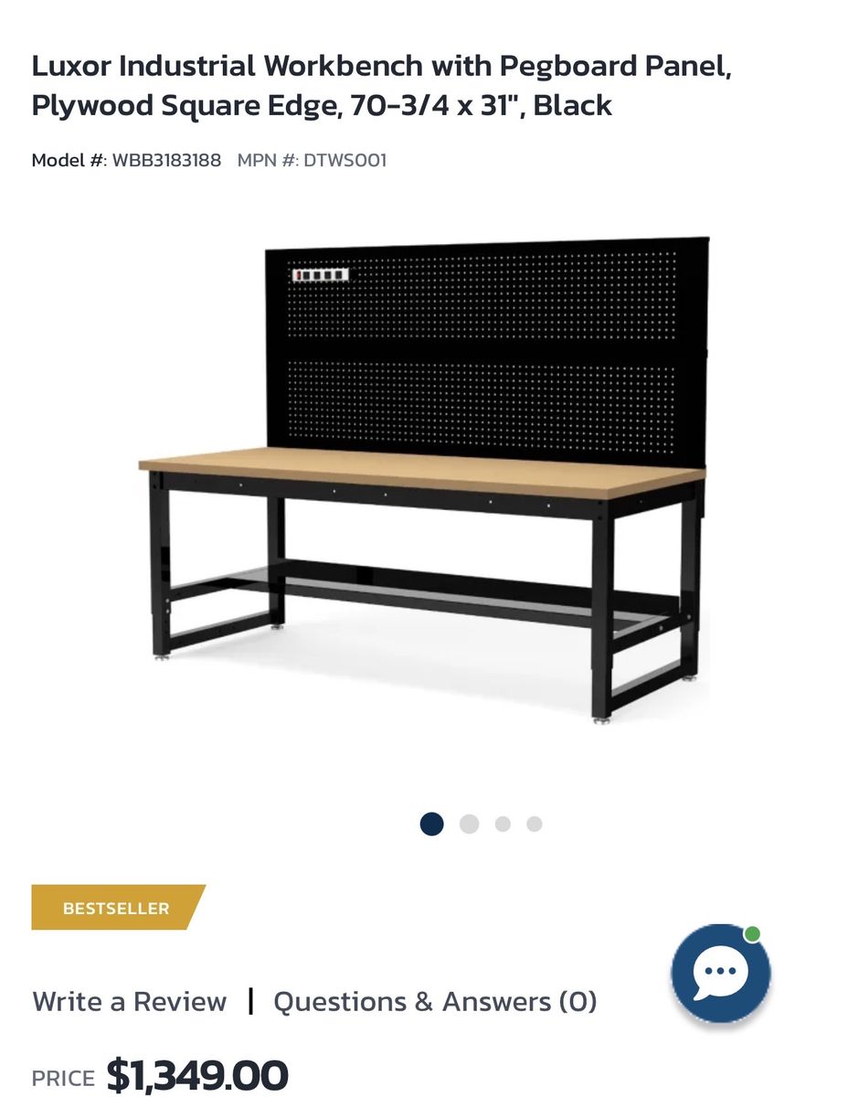 Luxor WBB3183188 Industrial Workbench with Pegboard Panel, Plywood Square Edge, 70-3/4 x 31", Black