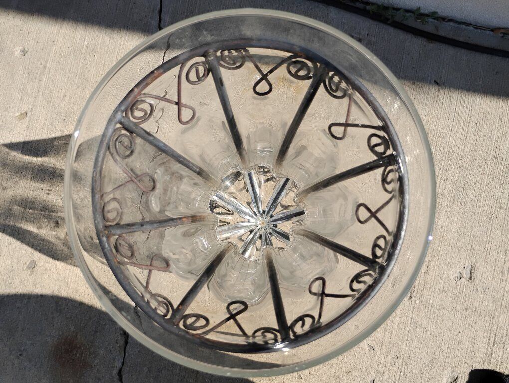 Beautiful Artsy Flower Vase Formed Blown Glass around Metal Basket 20" tall