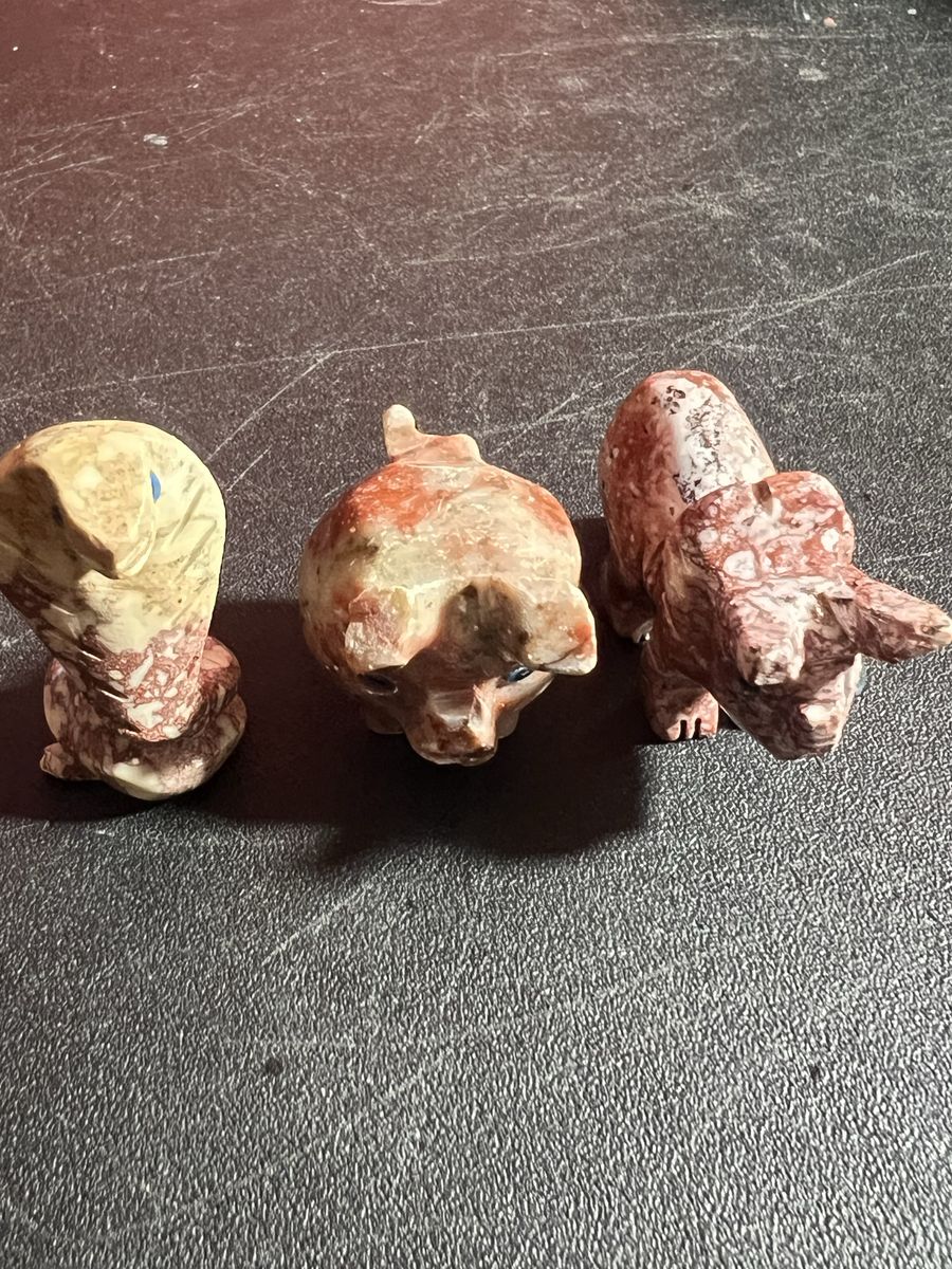Set of 3 Hand-Carved Marble Animal Figurines: Snake, Pig, and Rhino with Blue Eyes