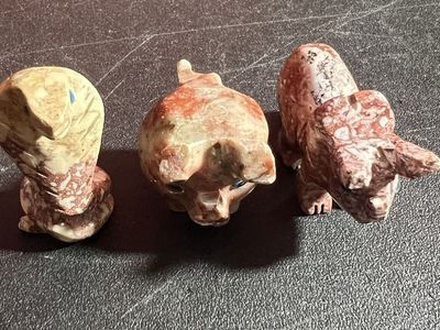 Set of 3 Hand-Carved Marble Animal Figurines: Snake, Pig, and Rhino with Blue Eyes