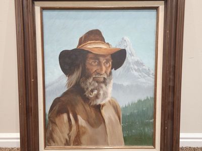 VINTAGE COWBOY WESTERN MOUNTAIN MAN OIL ON CANVAS ART ARTWORK PAINTING QUALITY
