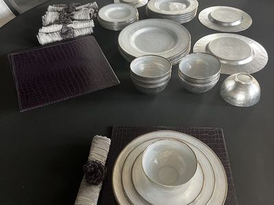 NEVER USED 8-Person Z Gallerie Dining Set - Hand-Painted Silver/Alabaster Dinnerware, Croc Placemats