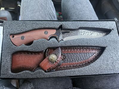 Custom Damascus Steel Fixed Blade Hunting Knife with Wood Handle and Leather Sheath