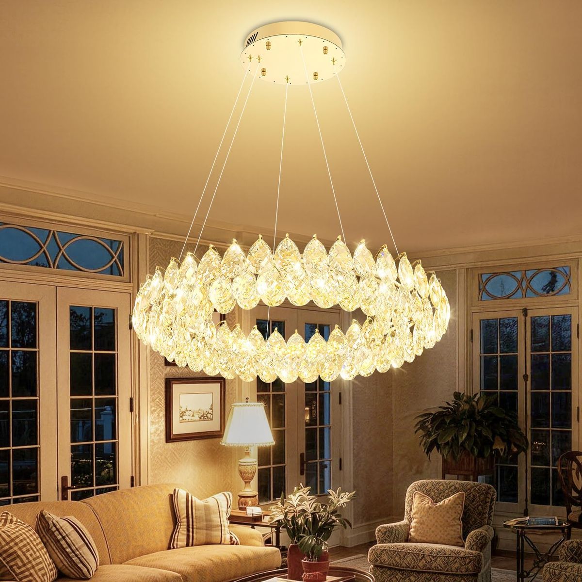 Brand new, In the Box, Modern Gold Crystal Chandelier, 39" Round LED