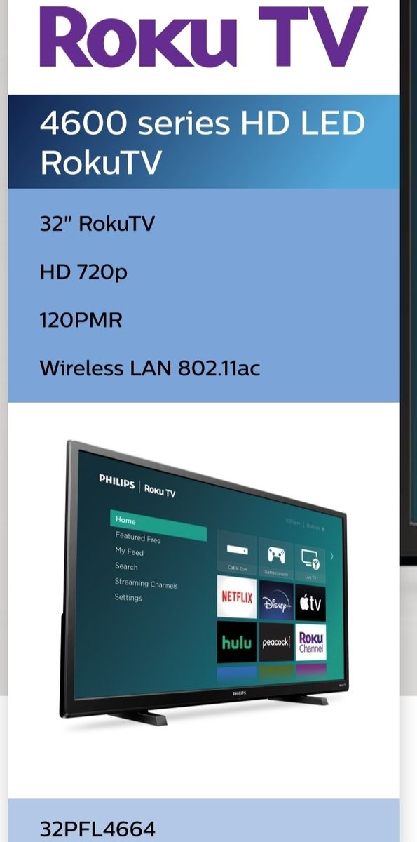 Philips 32PFL4664 32" HD LED Roku Smart TV - 4600 Series with Wireless LAN