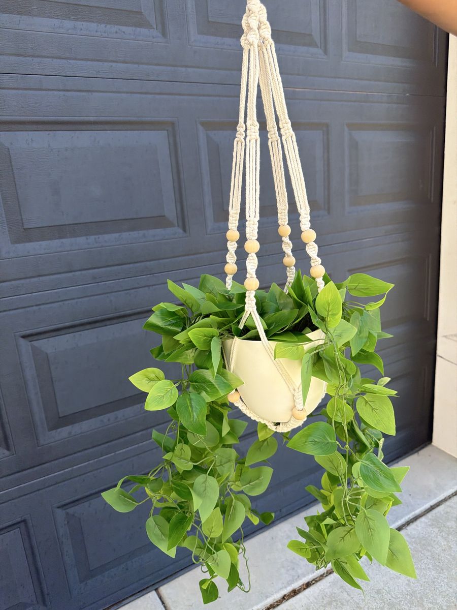 Boho Macrame Plant Hanger with Artificial Vines and White Pot