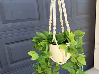 Boho Macrame Plant Hanger with Artificial Vines and White Pot